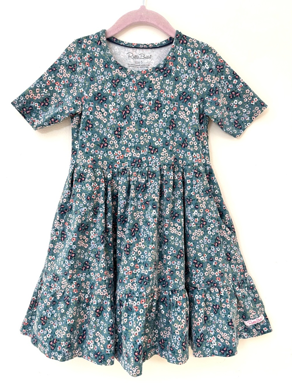 Ruffle Butts Teal Micro Floral Knit Short-Sleeve Twirl Dress, Size 5